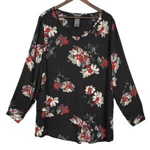 Chelsea & Theodore Blouse Women Size XXL‎ Black Floral Hi-Lo Hem V-Neck Tiered
